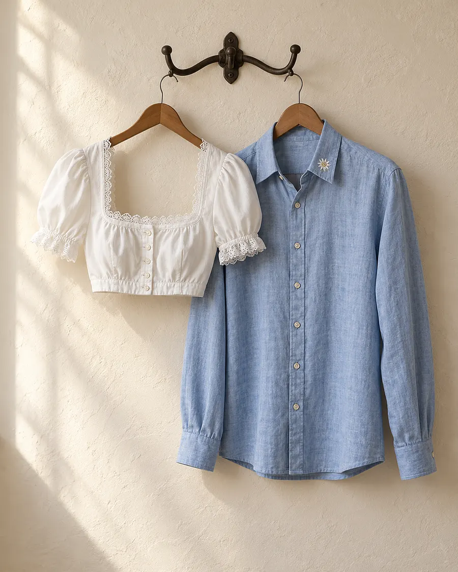 Weiße Dirndlbluse mit Spitze und ein hellblaues Trachtenhemd mit gesticktem Edelweiß
