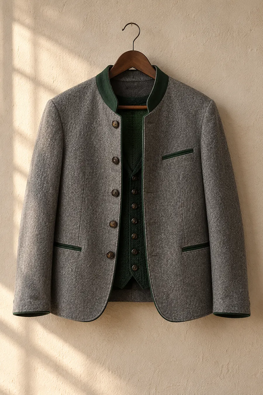 Grauer Janker mit grünem Kragen und Hornknöpfen, darüber eine grüne Strickweste