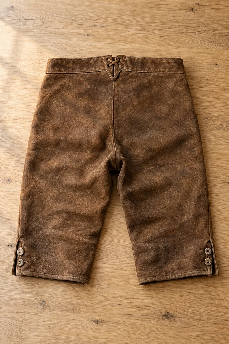 Braune Lederhose von hinten, flach auf einem Holztisch