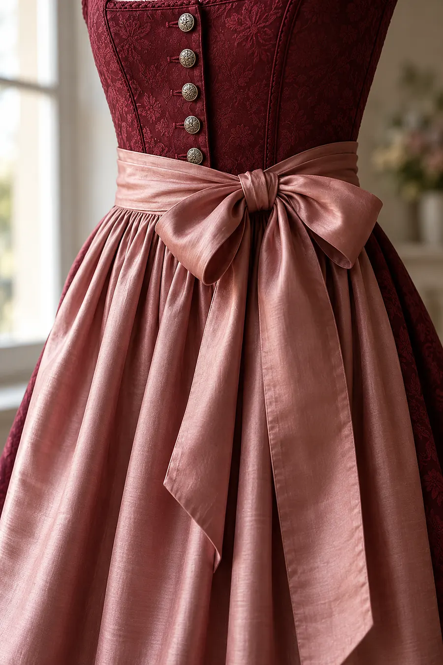 Weinrotes Dirndl mit rosa Seidenschürze und Schleife