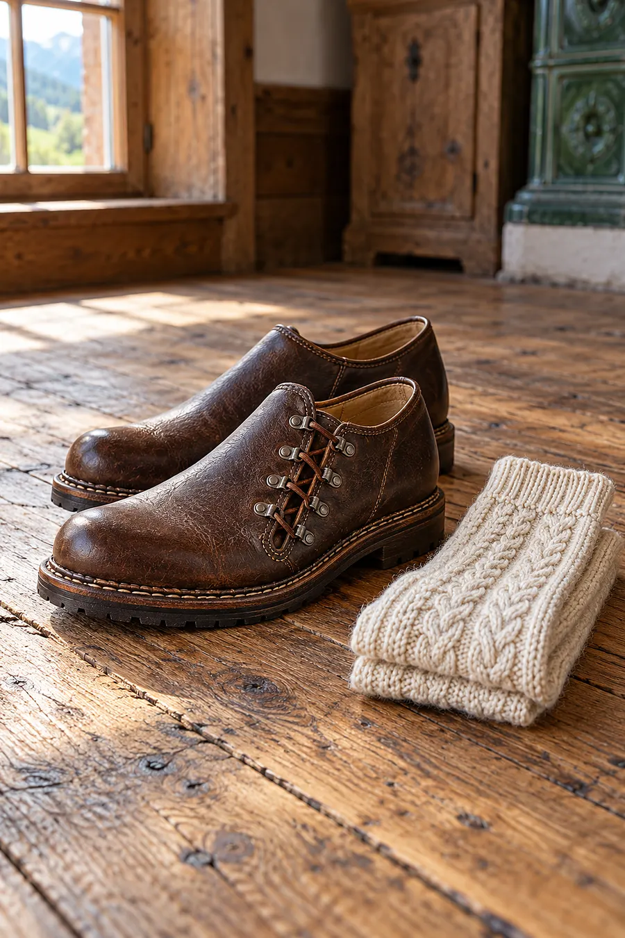 Braune Haferlschuhe mit seitlicher Schnürung und gestrickte Wollstrümpfe auf Holzdielen